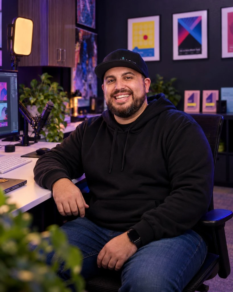 Zack Bujazia smiling at his desk, wearing a black hoodie and cap